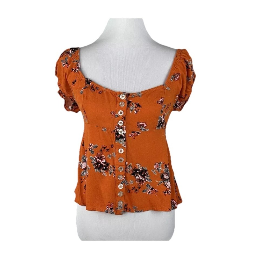 Free People Medium Orange Floral Close To You Smocked Button Rayon SS Crop Top